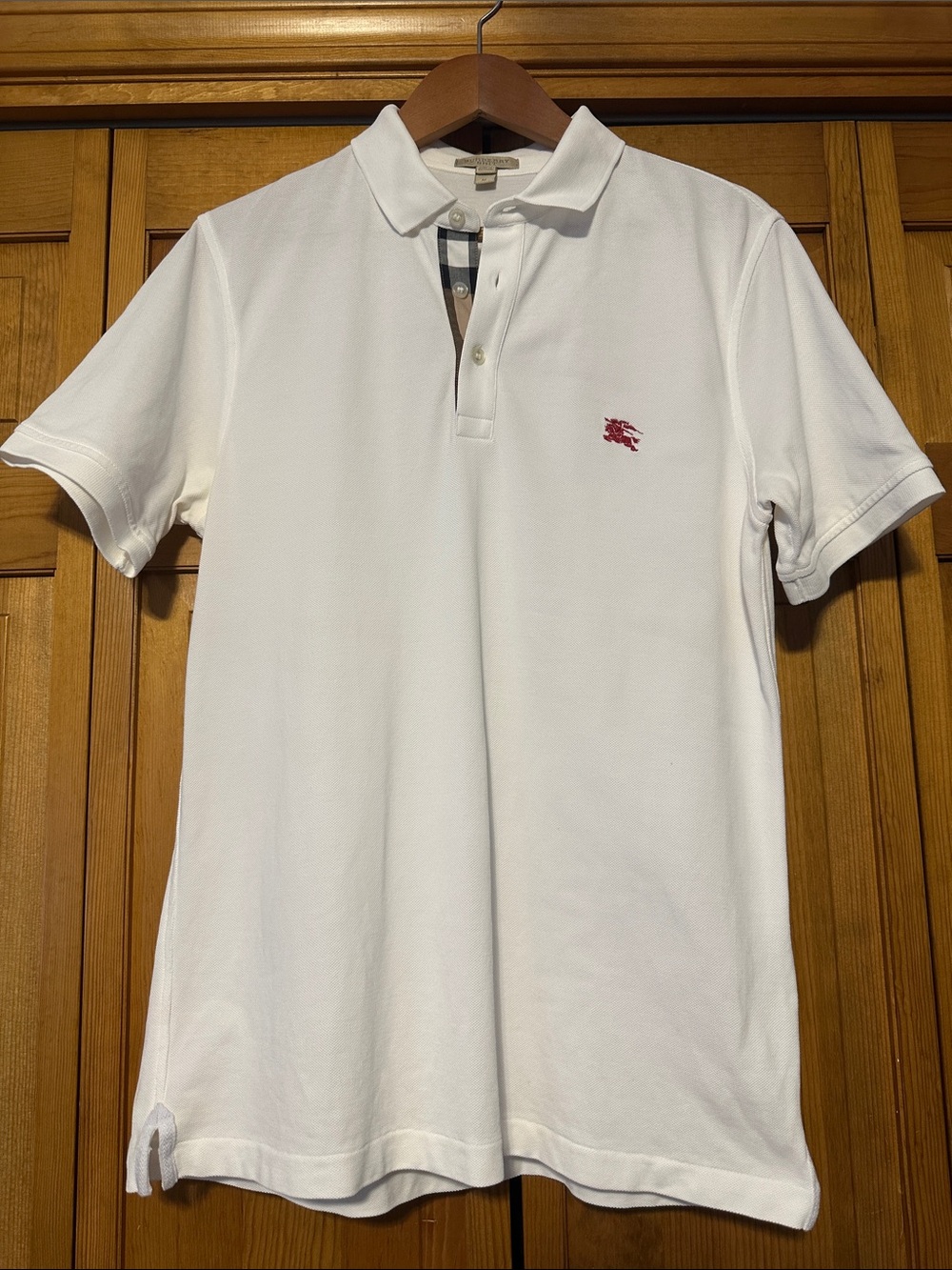 Burberry Men’s White Polo with Red Embroidered Logo and Plaid Trim